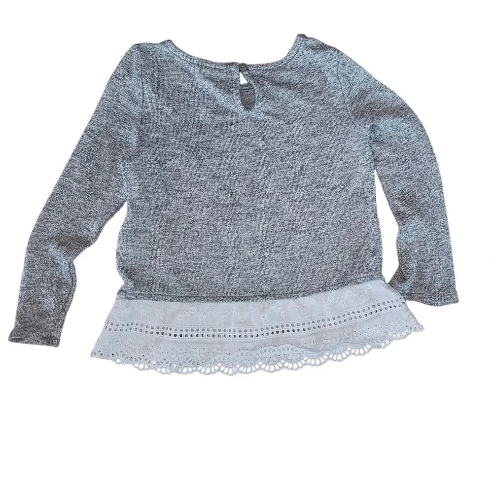 Gap Toddler Girls Gray Heathered Knit Long Sleeve Top White Eyelet Lace Hem 3T